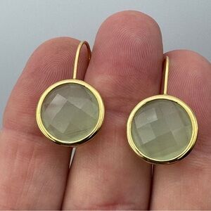 Green Gemstone Drop Earrings Gold Tone Bezel Set Faceted Glass 1.25” Dangle